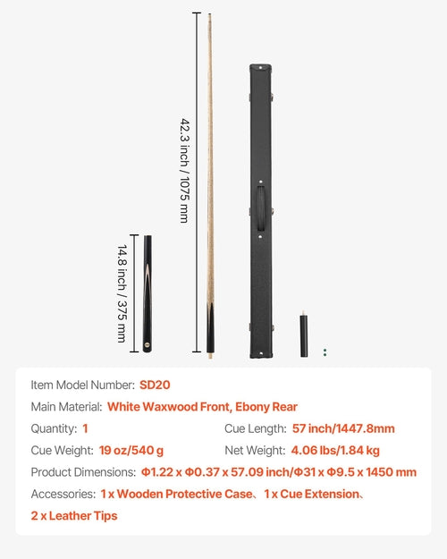 Snooker Cue, 1447.8mm 2 Piece Cue, 9.7mm cue tip,Snooker Cues Stick with extension